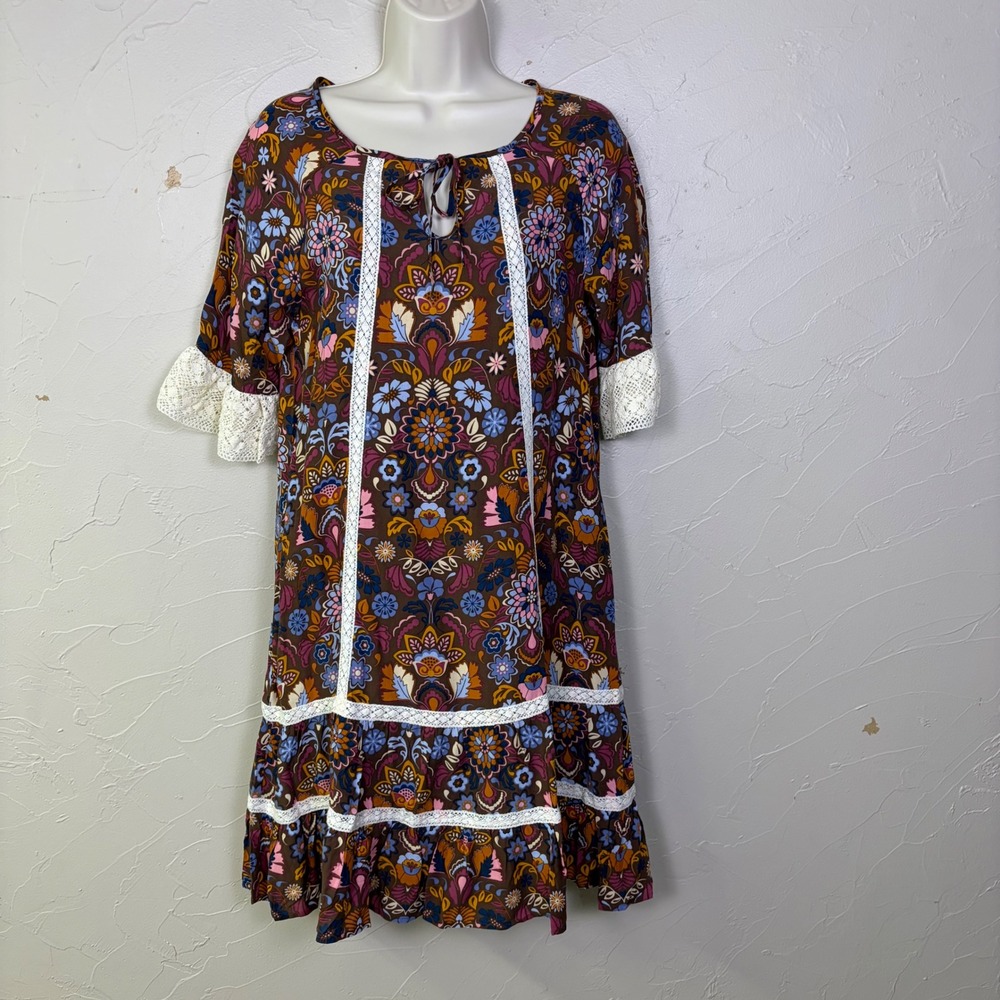 NEW Matilda Jane Dress Womens XS Brown Floral Lace Trim Boho Peasant Cottagecore - Picture 1 of 14